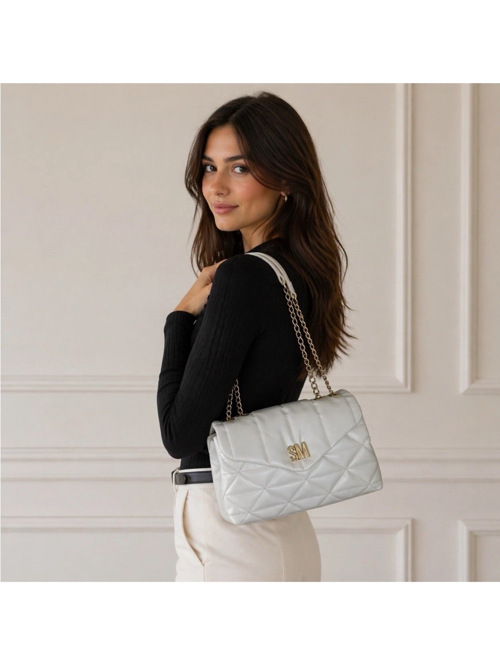 Steve Madden Quilted Shoulder Bag Off White Gold Chain Strap Faux Leather